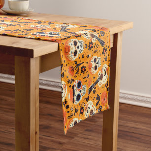 Dia de Muertos, guitars and sugar skulls orange Short Table Runner