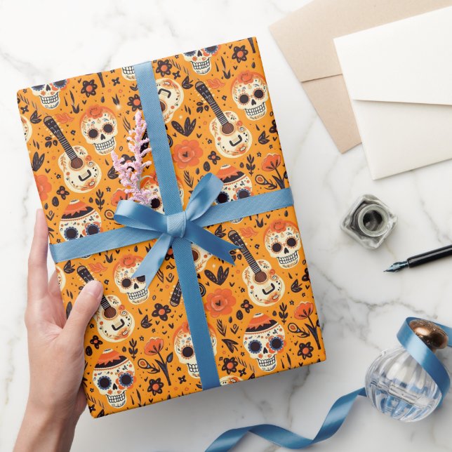 Dia de Muertos, guitars and sugar skulls orange Wrapping Paper (Gifting)