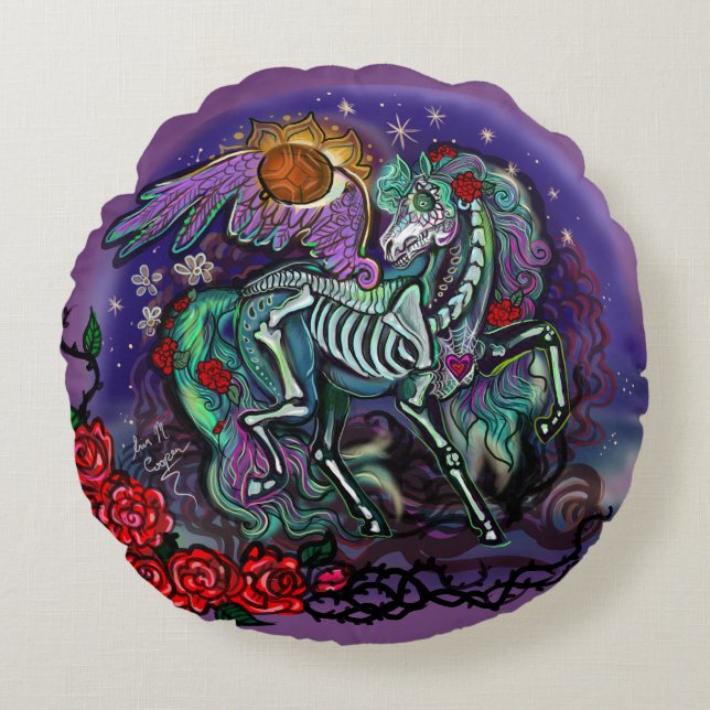 Día de Muertos Horse Round Pillow (Front)