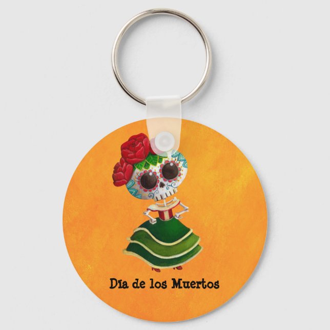 Dia de Muertos Mexican Miss Death Keychain (Front)