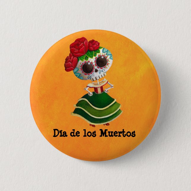 Dia de Muertos Mexican Miss Death Pinback Button (Front)