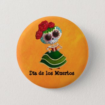 Dia De Muertos Mexican Miss Death Pinback Button by partymonster at Zazzle