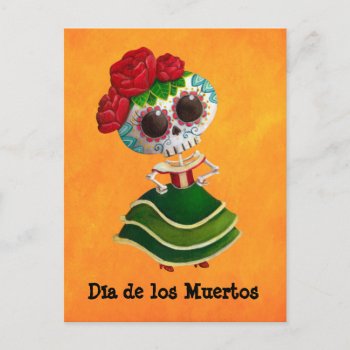 Dia De Muertos Mexican Miss Death Postcard by partymonster at Zazzle