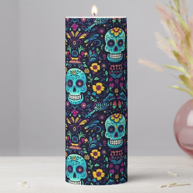 Día de Muertos Reverie: Turquoise Sugar Skull  Pillar Candle (In Situ)