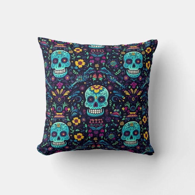 Día de Muertos Reverie: Turquoise Sugar Skull Spec Throw Pillow (Front)