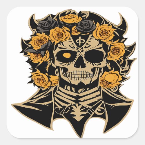 Da de Muertos Skull Orange and Black Flowered Des Square Sticker