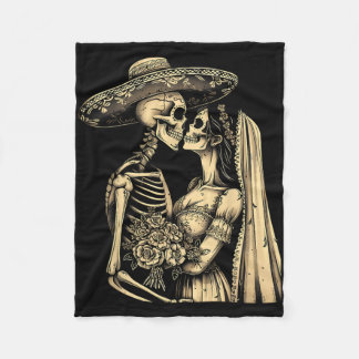 Dia De Muertos Sugar Skull Couple Skeleton Bride W Fleece Blanket