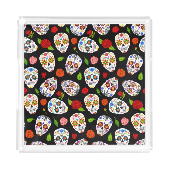 Dia Los Muertos: sugar skulls pattern. Acrylic Tray (Front)