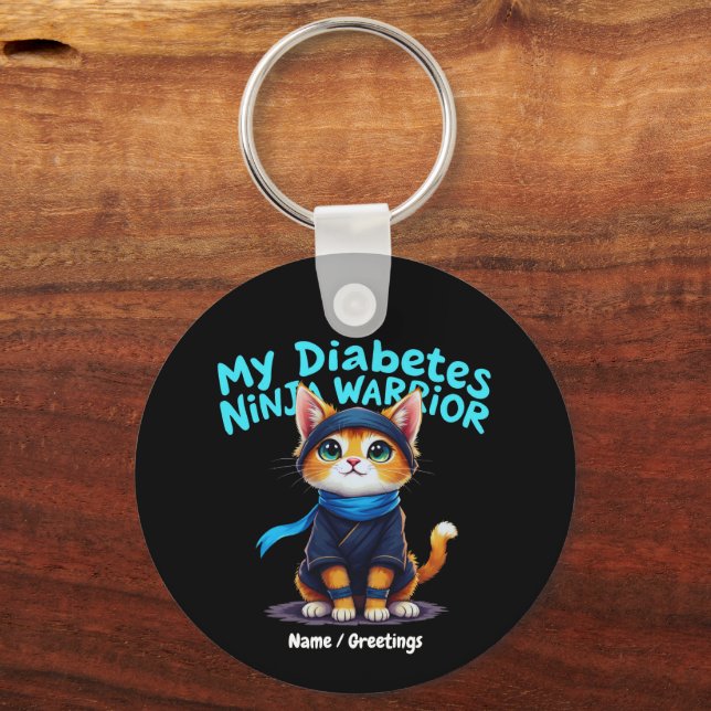 Diabetes Awareness Ninja Warrior Brave Cat Graphic Keychain (Front)