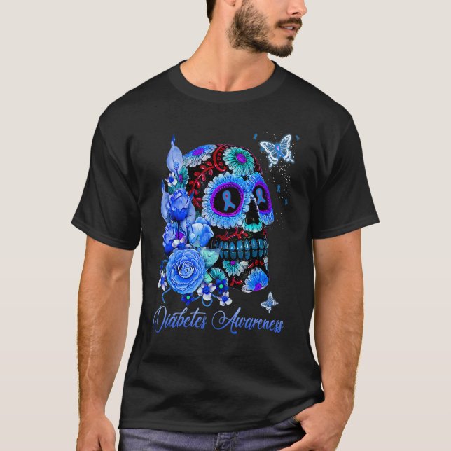 Diabetes Awareness Skull Blue Ribbon Rose Butterfl T-Shirt (Front)
