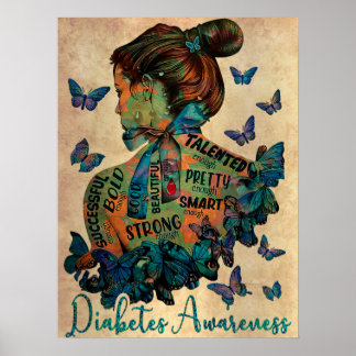 Diabetes Diabetic Messy Bun Hair Women Blue Butter Poster