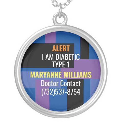 Diabetes Medical Alert Blue Stripes Add Name Phone Silver Plated Necklace