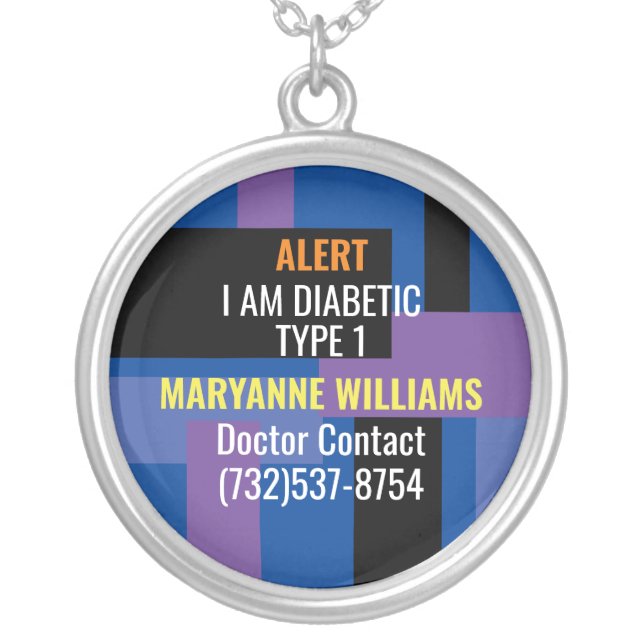 Diabetes Medical Alert Blue Stripes Add Name Phone Silver Plated Necklace (Front)
