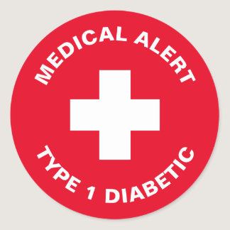 Diabetes Medical Alert Type 1 Diabetic Red  Classic Round Sticker