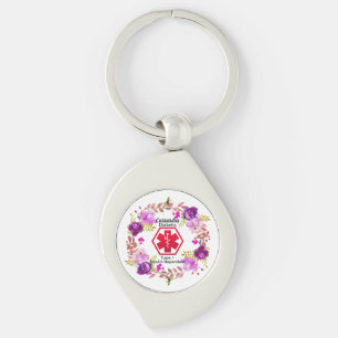 Diabetes Medical Alert type 1 or 2 floral Keychain