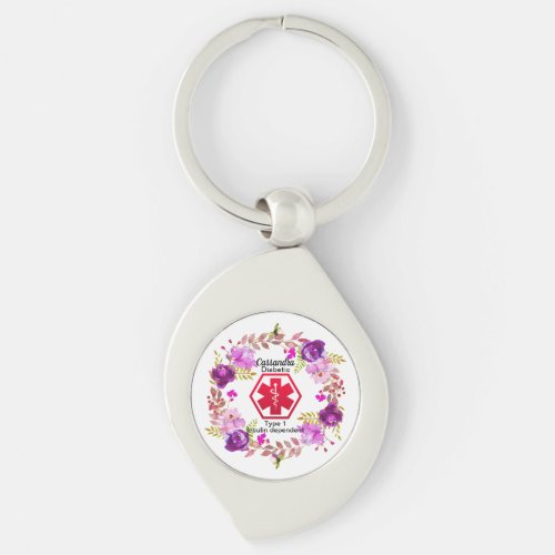 Diabetes Medical Alert  type 1 or 2 floral Keychain