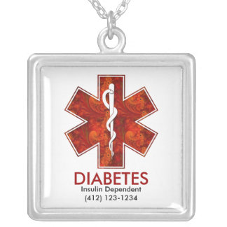 Diabetes Medical Square Pendant: Customizable Silver Plated Necklace