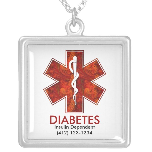 Diabetes Medical Square Pendant: Customizable Silver Plated Necklace (Front)