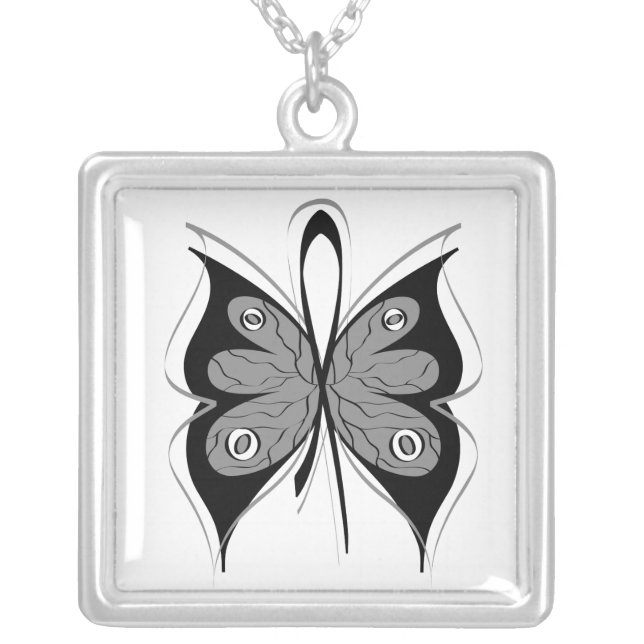 Diabetes Stylish Butterfly Awareness Ribbon Silver Plated Necklace (Front)