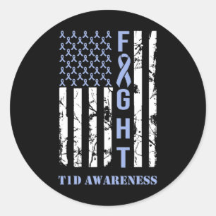 Diabetes T1D Awareness Month Fight Flag Blue Ribbo Classic Round Sticker