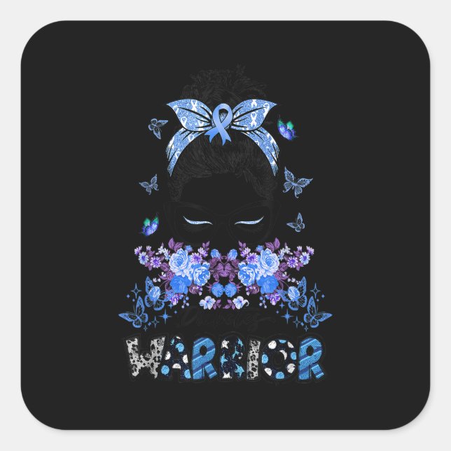 Diabetes Warrior Awareness Messy Bun Butterfly Rib Square Sticker (Front)