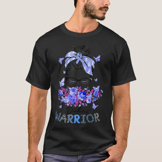 Diabetes Warrior T1D Messy Bun Hair Diabetes Aware T-Shirt (Front)
