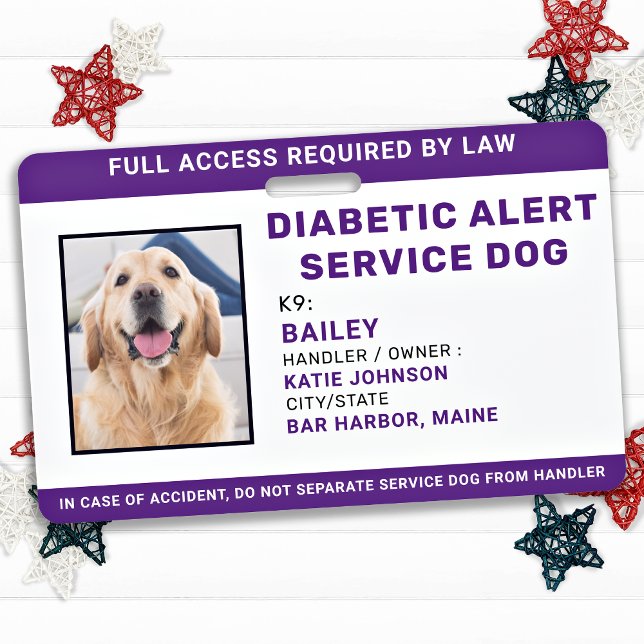 Diabetic Alert Personalized Service Dog Photo ID Badge (Creator Uploaded)