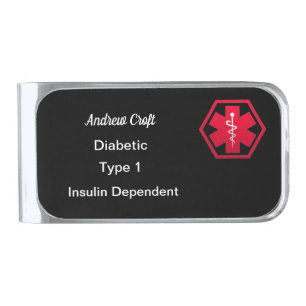 Diabetic Alert Personalized Type 1 or 2 Silver Finish Money Clip