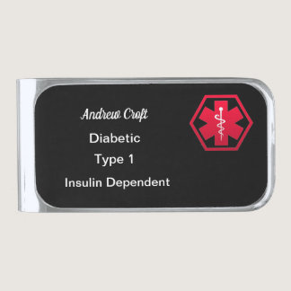 Diabetic Alert Personalized Type 1 or 2 Silver Finish Money Clip