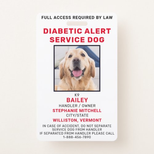 Diabetic Alert Service Dog Photo ID Badge