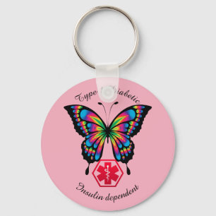 Diabetic Alert Type 1 or 2 Personalize Butterfly Keychain