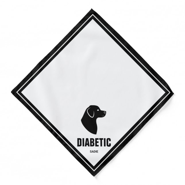 Diabetic Dog - Black & White Dog Silhouette & Name Bandana (Front)