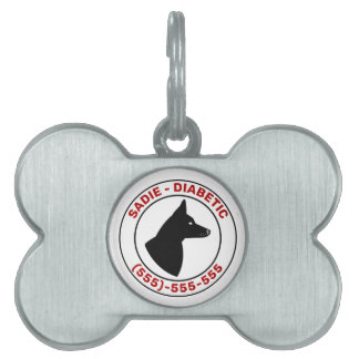 Diabetic Dog In Red Text W/ Dog With Pricked Ears Pet ID Tag