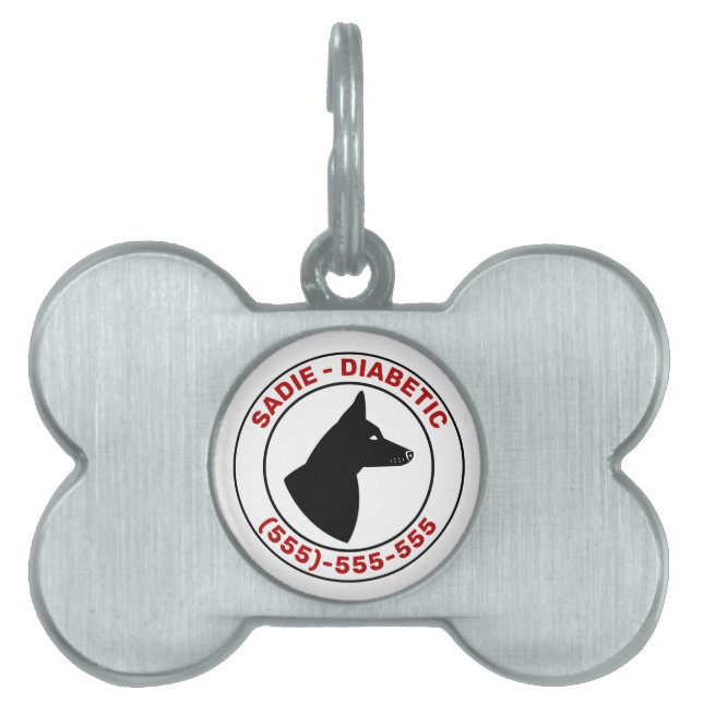 Diabetic Dog In Red Text W/ Dog With Pricked Ears Pet ID Tag (Front)
