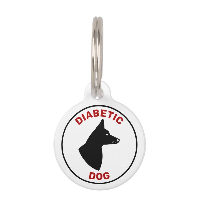 Diabetic Dog In Red Text W/ Dog With Pricked Ears Pet ID Tag (Front)