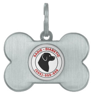 Diabetic Dog In Red Text With Black Dog Silhouette Pet ID Tag