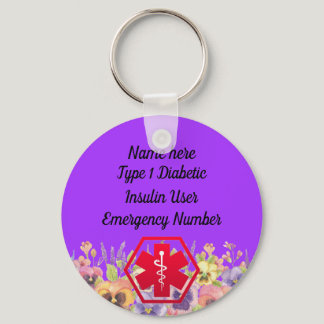 Diabetic Floral Alert Personalized Type 1 or 2 Keychain