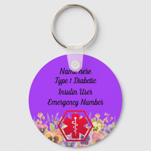 Diabetic Floral Alert Personalized Type 1 or 2 Keychain