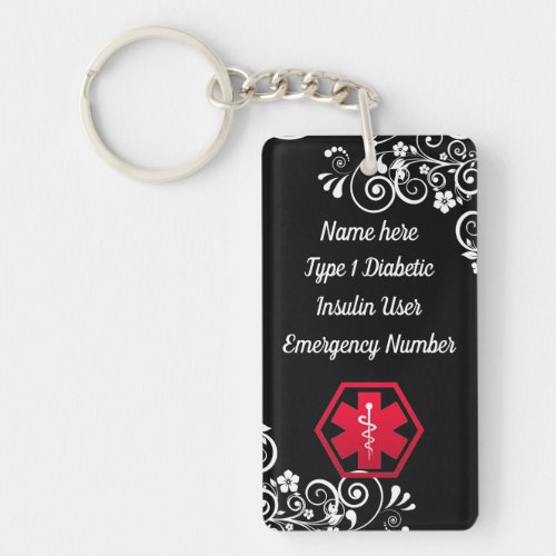 Diabetic Floral  Medical Alert  Type 1 or 2 Keychain