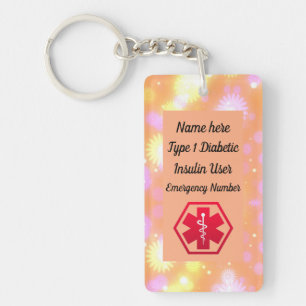 Diabetic Floral Medical Alert Type 1 or 2 Keychain