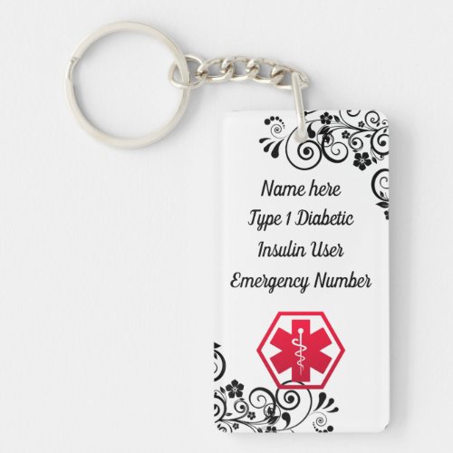 Diabetic Floral  Medical Alert  Type 1 or 2 Keychain