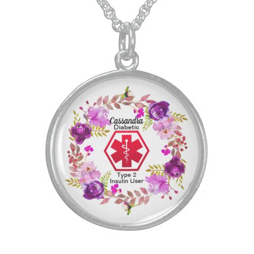 Diabetic Floral Medical Alert Type 2 Sterling Silver Necklace