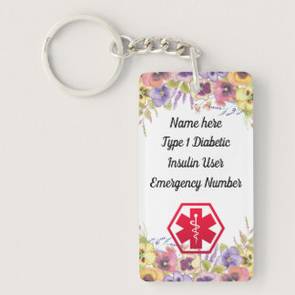 Diabetic Floral Pansy  Medical Alert  Type 1 or 2 Keychain