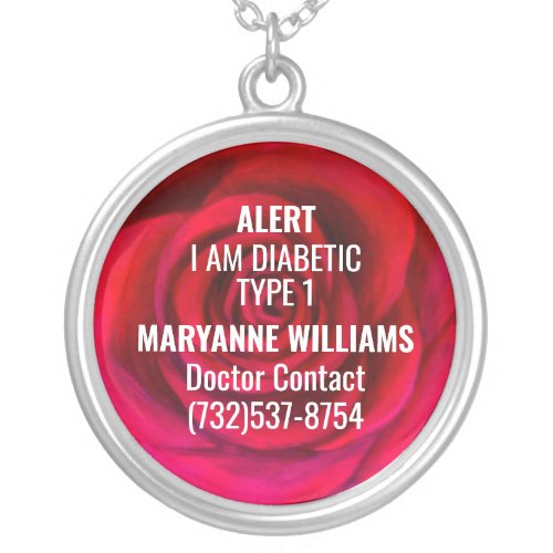 Diabetic Floral Rose Customizable Medical Alert Silver Plated Necklace