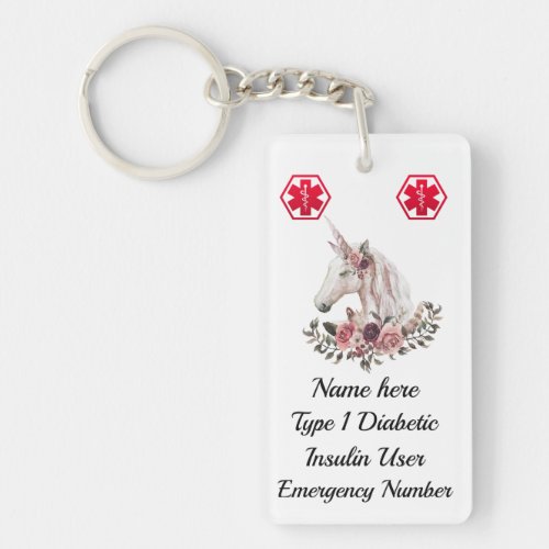 Diabetic Floral Unicorn Medical Alert  Type 1 or 2 Keychain