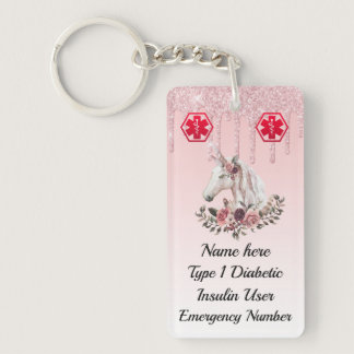 Diabetic Floral Unicorn Medical Alert  Type 1 or 2 Keychain