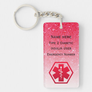 Diabetic Pink Medical Alert Type 1 or 2 Keychain