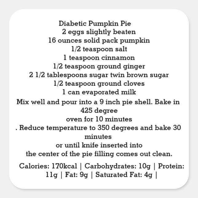 Diabetic Pumpkin Pie Recipe Square Sticker (Front)