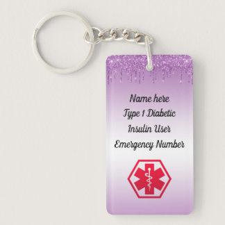 Diabetic Purple Glitter Medical Alert  Type 1 or 2 Keychain