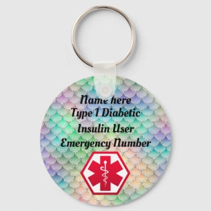Diabetic Rainbow Alert Personalized Type 1 or 2 Keychain